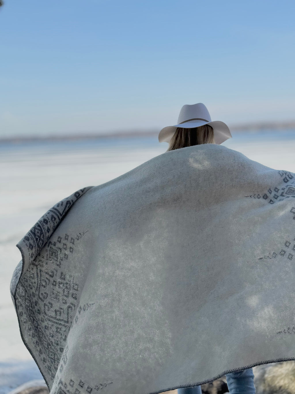 Embroidered Icelandic Lambswool Blanket - Ash + Ivory - Outdoor By the Lake