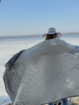 Embroidered Icelandic Lambswool Blanket - Ash + Ivory - Outdoor By the Lake