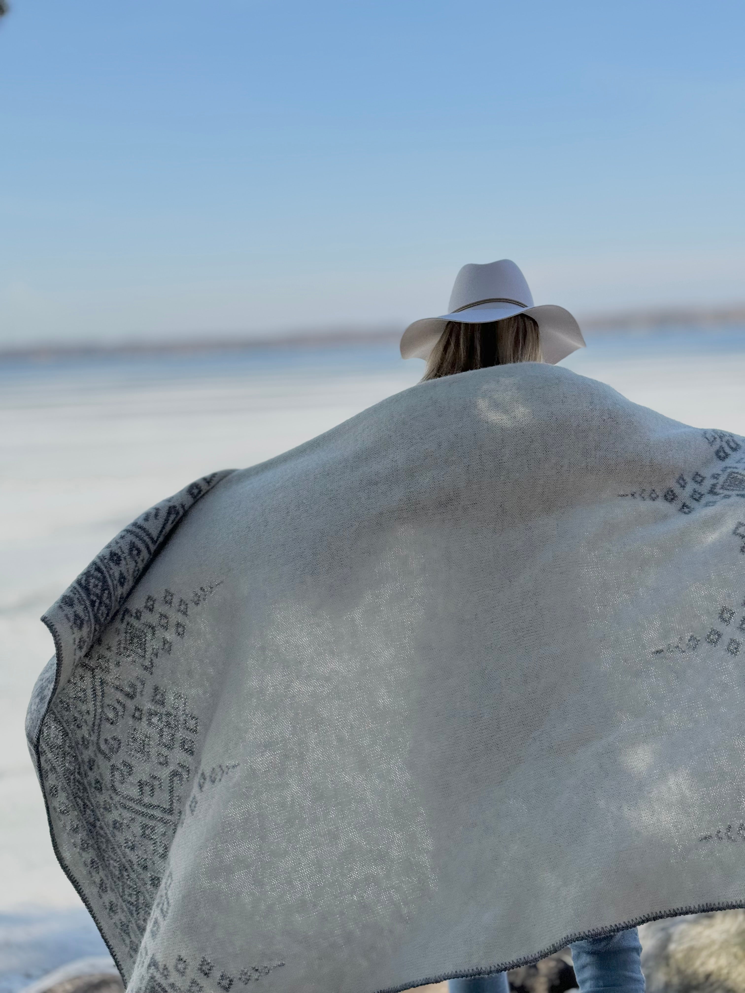 Embroidered Icelandic Lambswool Blanket - Ash + Ivory - Outdoor By the Lake