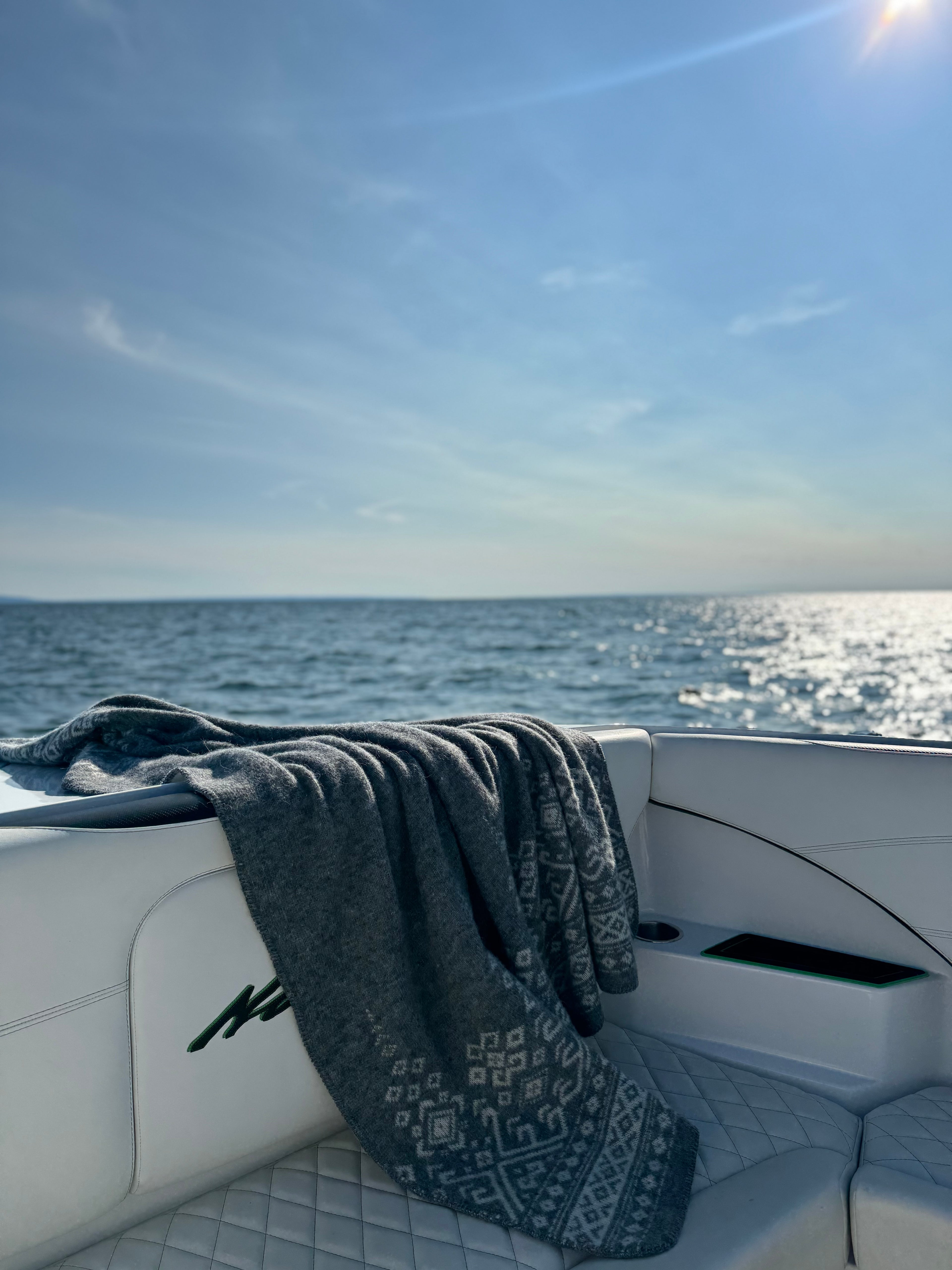 Embroidered Icelandic Lambswool Blanket - Ash + Ivory - Outdoor Boat Blanket