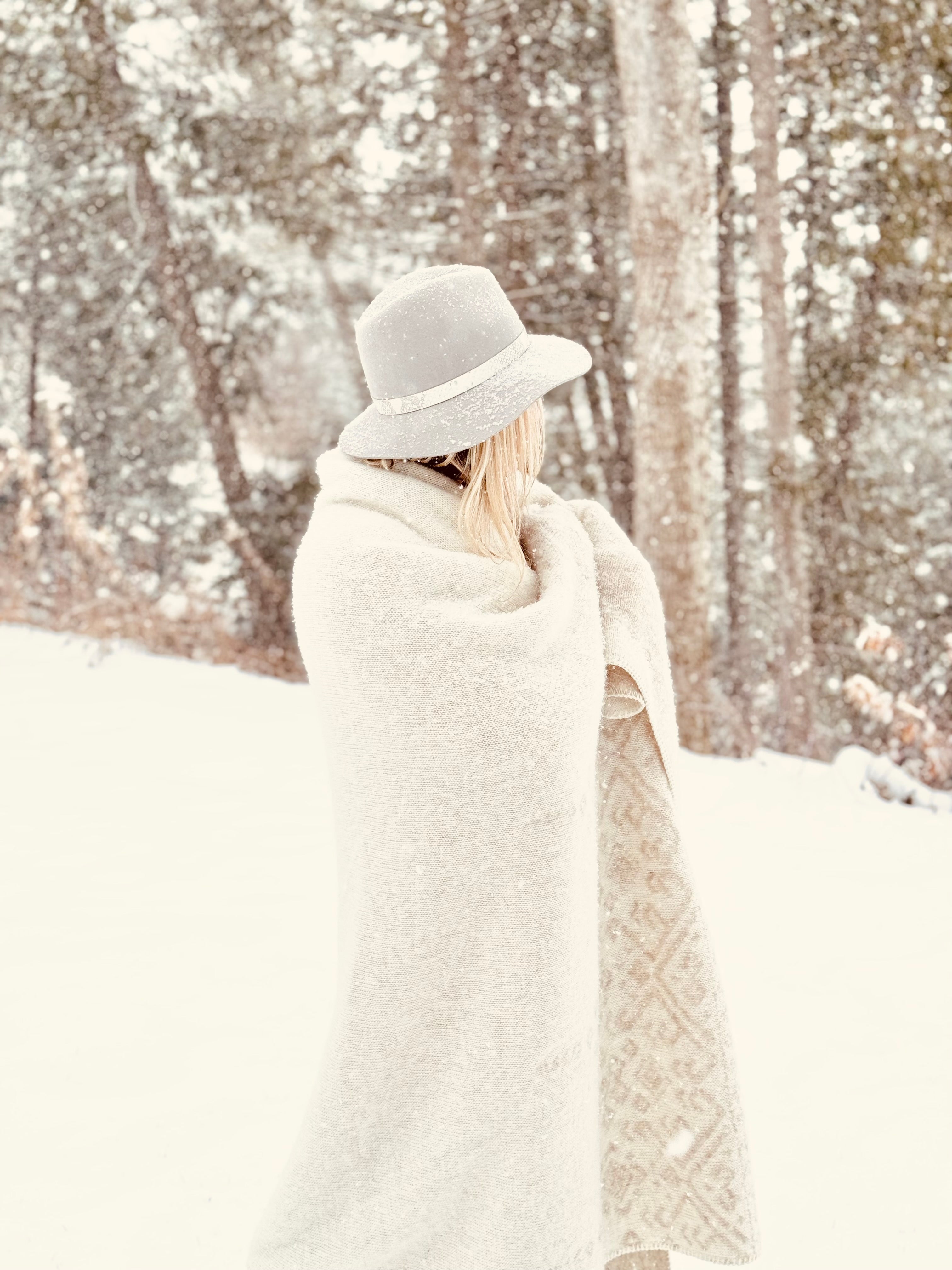 “Embroidered”  Heirloom-Quality Icelandic Lambswool Blanket in Fawn + Ivory