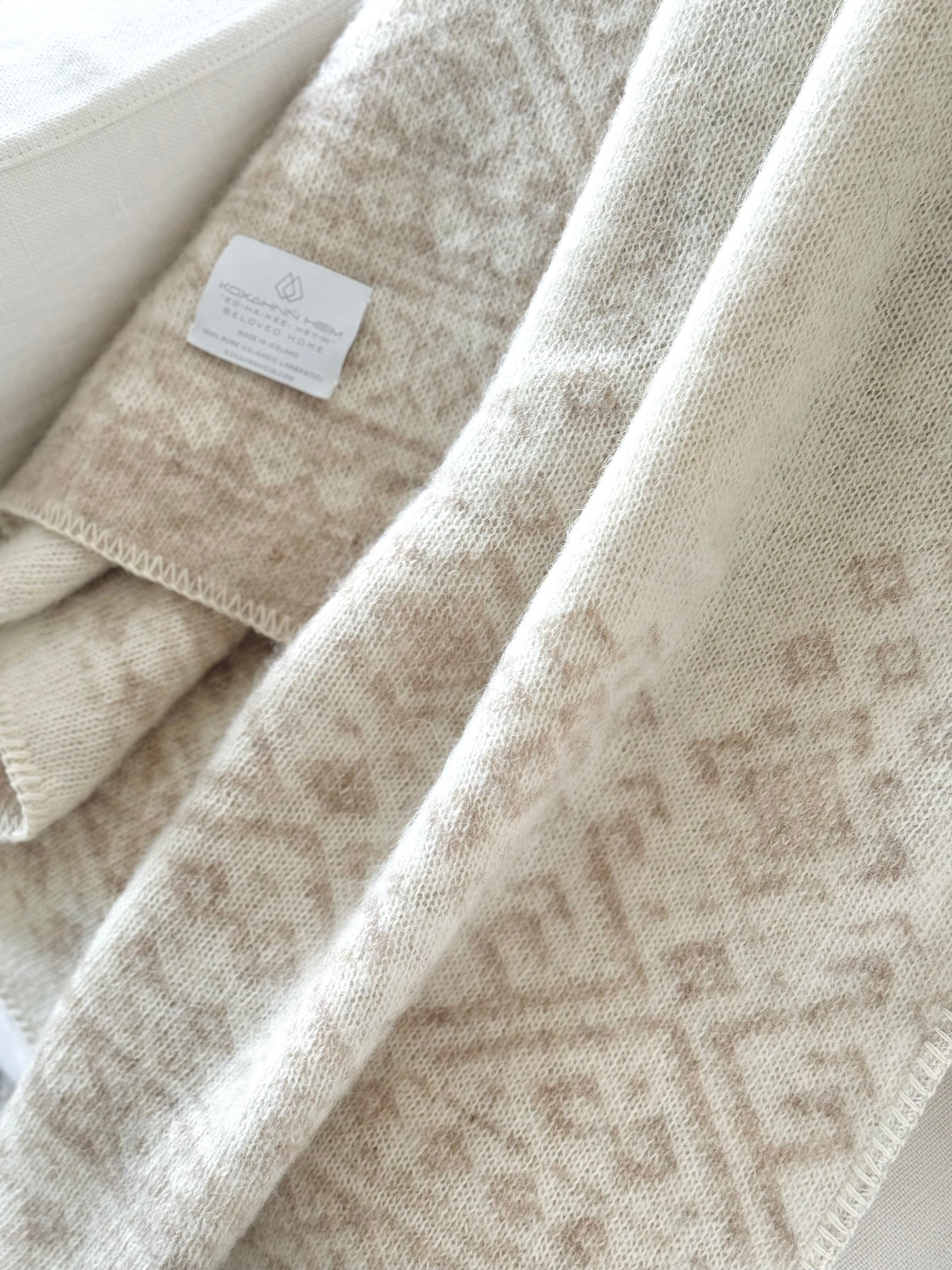 Embroidered Icelandic Lambswool Blanket Fawn + Ivory - close up