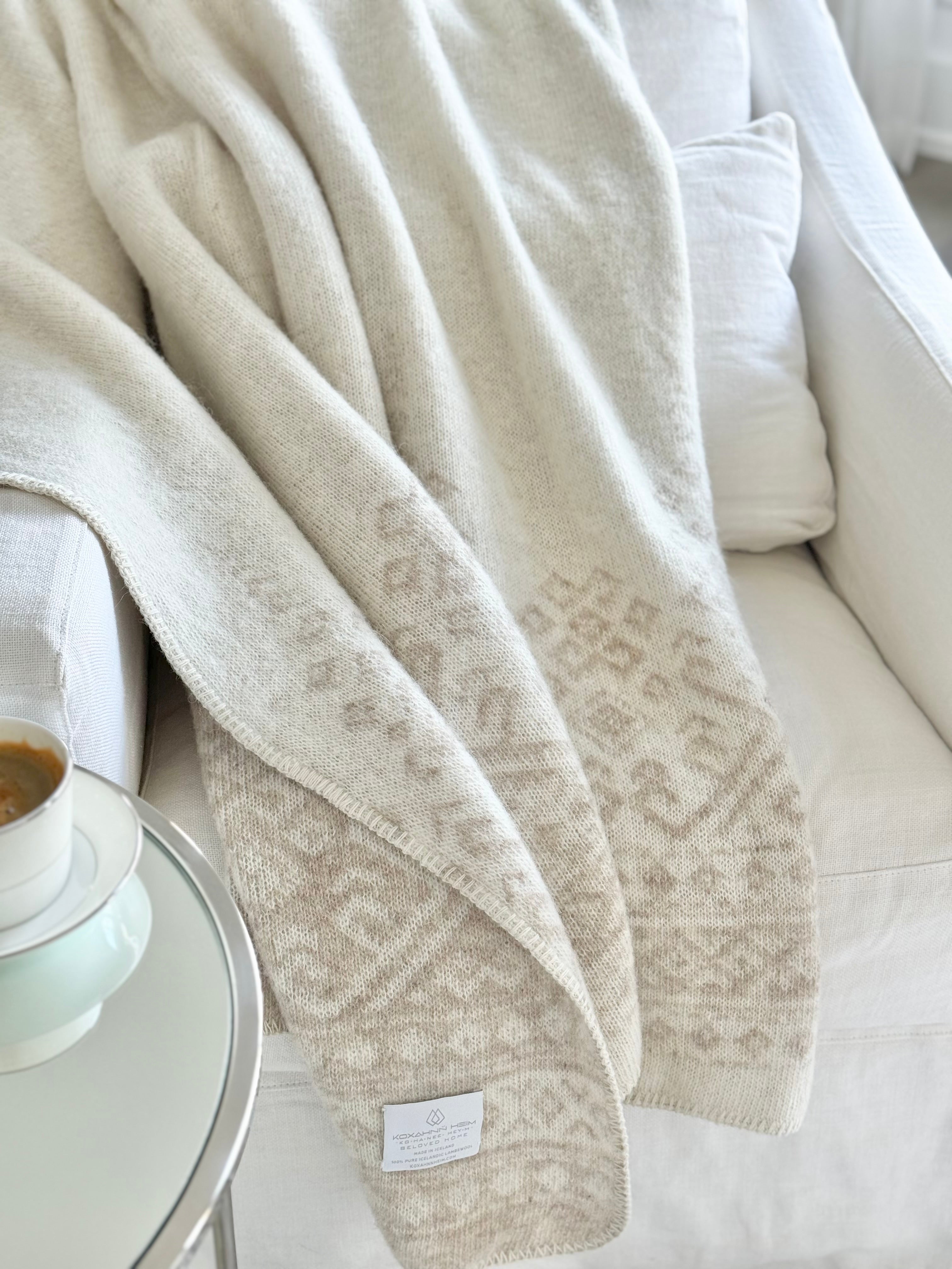Embroidered Icelandic Lambswool Blanket Fawn + Ivory Chair Photo