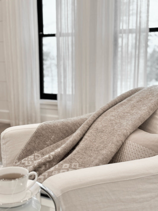 Embroidered Icelandic Lambswool Blanket Flax + Ivory