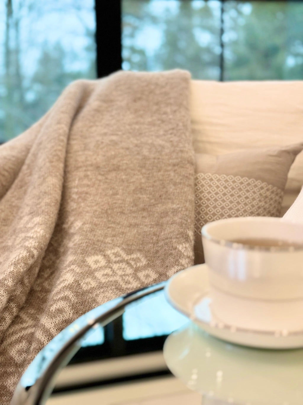 Embroidered Icelandic Lambswool Blanket Flax + Ivory - Chair