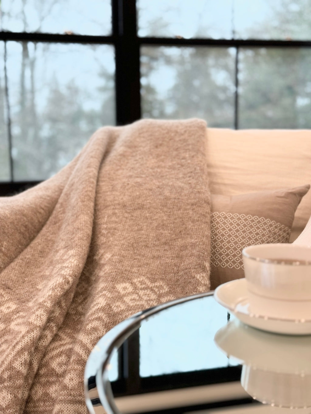 Stunning Embroidered Linen Pillow, and Luxury Icelandic Lambswool Throw